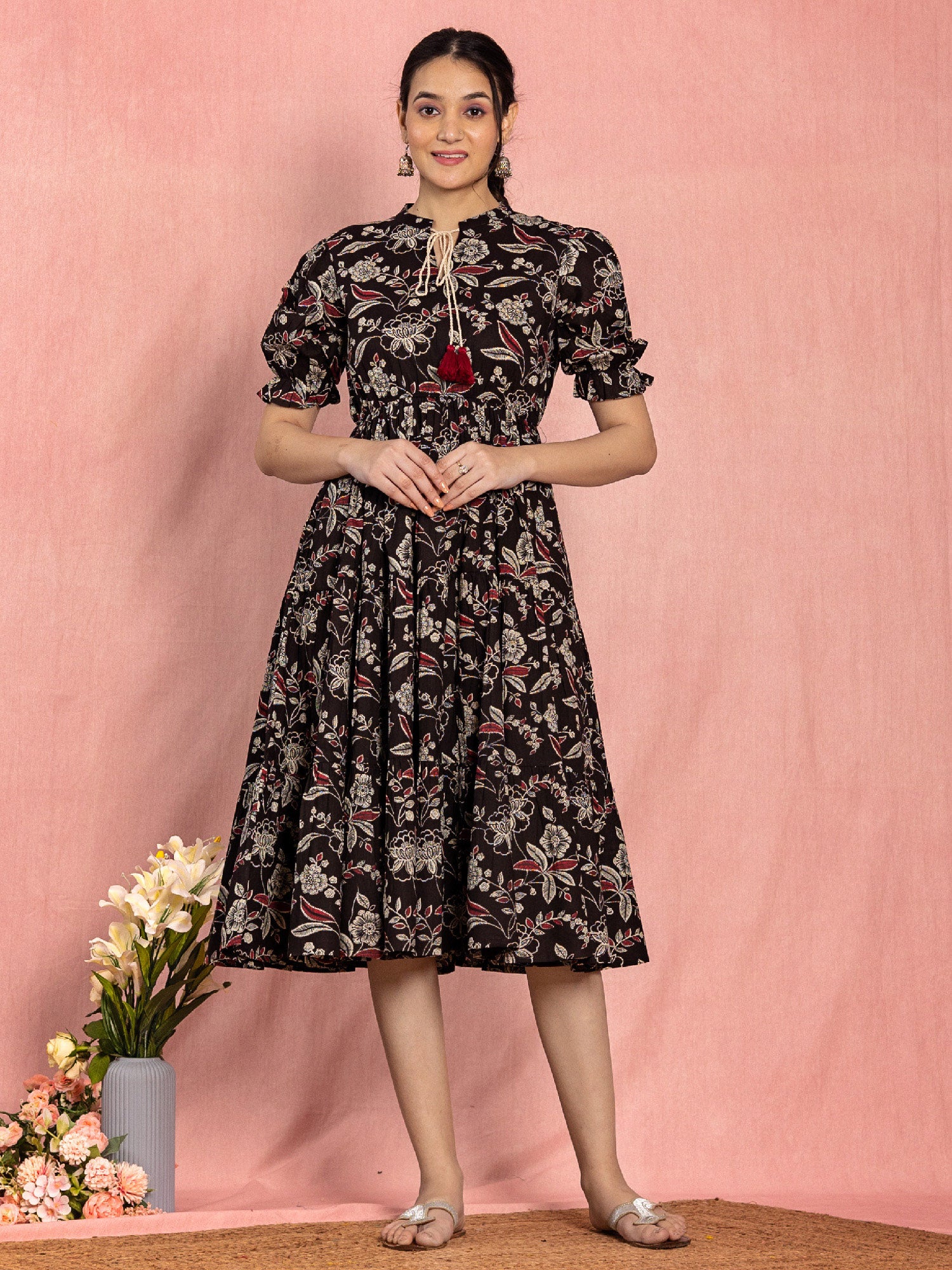 Black Cotton Floral Printed Flared Dress